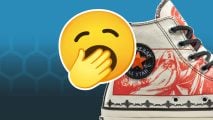 DnD sneakers - a bored emoji superimposed over a white converse shoe, with a red line drawing of a wizard printed on the side