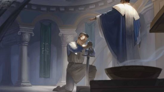 DnD Turn Undead guide - Wizards of the Coast artwork showing a knight paladin kneeling for a cleric's blessing