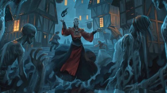 DnD Turn Undead guide - Wizards of the Coast artwork showing a wizard casting spells in front of a crowd of undead