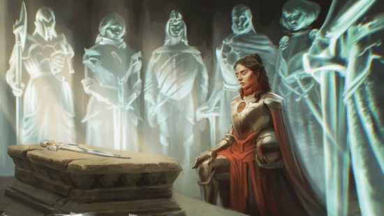 DnD Turn Undead guide - Wizards of the Coast artwork showing a female character praying in front of a sword on an altar, with a circle of ghosts behind her