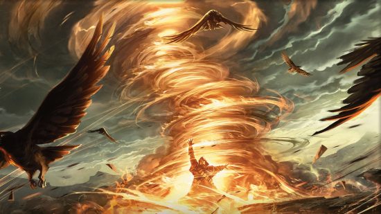 DnD Wild Magic Barbarian 5e - Wizards of the Coast art of a figure inside a fiery tornado