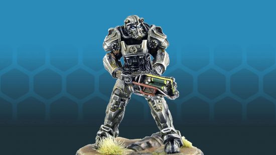 A Brotherhood of Steel Paladin in a suit of power armor from the Fallout wargame Wasteland Warfare
