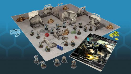 Starter set for Deadzone, the game Halo Flashpoint is based on - a battlefield with low rising terrain, over which short humanoids and ratmen battle