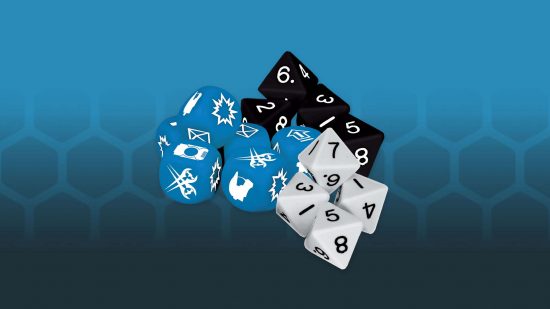 Halo Flashpoint dice - a pile of black and white D8s, and custom D6s with unique faces