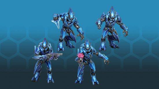 Halo Flashpoint Elite fireteam models - four aliens in blue armor with a variety of guns