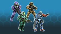Halo Miniature Game spartan minis - soldiers in colorful power armor, purple, yellow, green, and blue