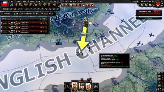Hearts of Iron 4 DLC Trial of Allegiance review - author screenshot from the DLC showing aircraft units moving south over the English channel during a game.