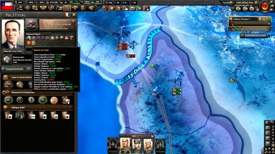 Hearts of Iron 4 DLC Trial of Allegiance review - author screenshot from the DLC showing the leader and government panel for Chile