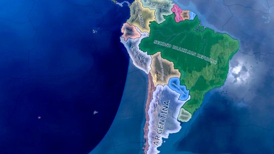 Hearts of Iron 4 DLC Trial of Allegiance review - author screenshot from the DLC showing South America on the country select map, zoomed in close.