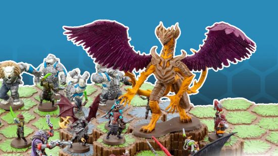 Heroscape Age of Annihilation board game contents - 3D hex-grid tiles with plastic figures fighting over them, including an orange dragon with purple wings, and polar-bear people