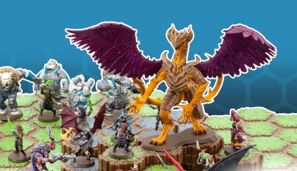 Heroscape Age of Annihilation board game contents - 3D hex-grid tiles with plastic figures fighting over them, including an orange dragon with purple wings, and polar-bear people