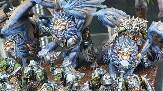 Kings of War Riftforged Orcs riding on blue, winged lions