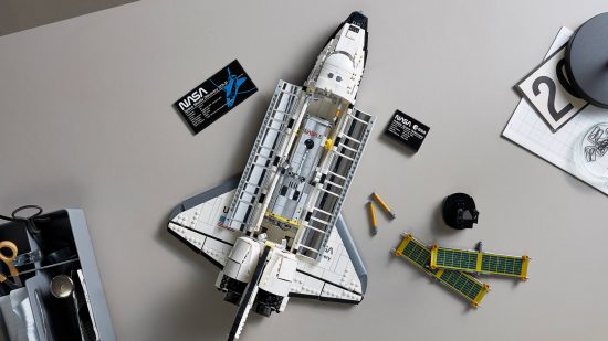 Lego Space Shuttle opened up with innards showing.