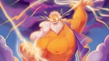 Lorcana card art - Zeus, God of Lightning, a huge muscular man with white hair and beard holding lightning