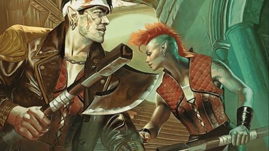MTG art showing two warriors looking suspicious on a staircase