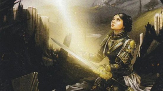 MTG art showing Elspeth with a sword and a light beam 'God Ray' blessing it