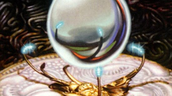 MTG artwork showing Mesmeric Orb, a metallic sphere floating in a mechanical contraption