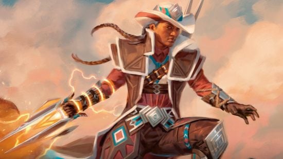 MTG Outlaws of Thunder Junction - a native american inspired character in cowboy getup