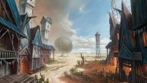 MTG Thunder Junction art showing a frontier town with strange plantlife behind