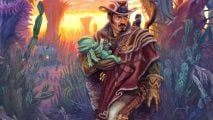MTG Thunder Junction art showingYoma, Proud Protector carrying a Cactus person child