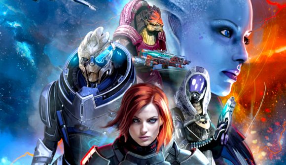Mass Effect board game - Official bioware modiphius artwork showing femshep and crew members including Garrus, Tali, and Wrex