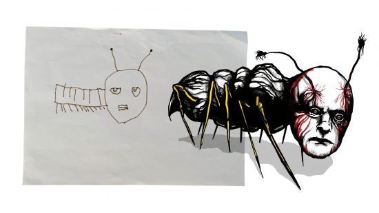 Mork Borg art - of a man-caterpillar. on one side the drawing is done by a 5 year old