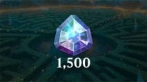 Free MTG Arena gems - a large blue gem superimposed on a blurred image of a hedge maze, with the number 1,500 underneath