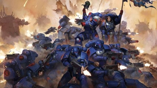 The Crimson Fists Space Marine chapter makes a last stand - Space Marines in dark blue power armor with red gauntlets stand back to back on a hill of the dead, fighting against an oncoming foe