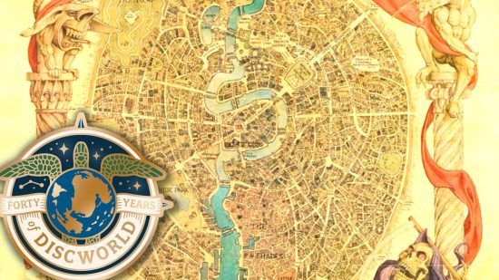 Discworld RPG Ankh-Morpork map procedural generation - Discworld Emporium image showing part of the Ankh-Morpork street map, overlaid with the official Forty Years of Discworld icon, featuring the great A'Tuin