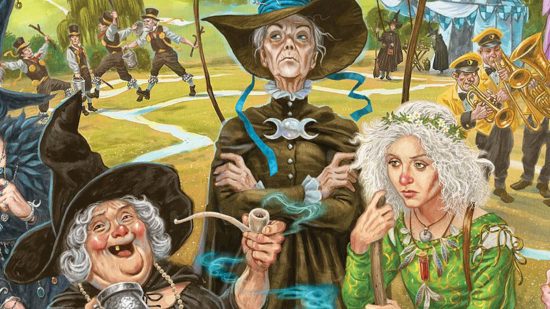 Terry Pratchett Discworld RPG characters - Discworld Emporium sales image showing part of David Wyatt's The Lancre Witch Trials print, including Granny Weatherwax and Nanny Ogg