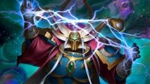 Warhammer 40k Conference - Ahriman, a sorcerer of the Thousand Sons, in blue and gold armor with a red cape, draws lightning between his hands