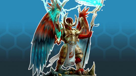 Warhammer 40k conference - Magnus the Red, Daemon Primarch of the Thousand Sons, a huge gold-armored man with red skin, bird clawed feet, huge wings, and a great staff, around which blue lightning swirls