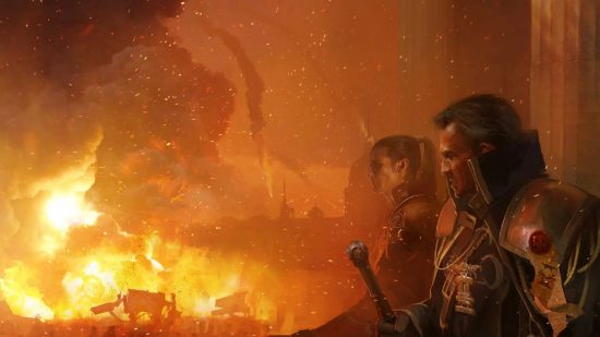 Best Warhammer 40k starting point - Games Workshop artwork showing Gregor Eisenhorn and one of his team standing in front of a big fire