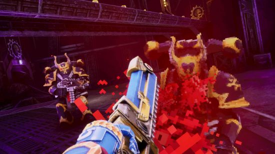 Warhammer 40k Boltgun is now on Game Pass - the player character slashes a Chaos Space Marine with a chainsword