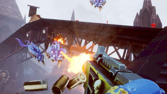 Warhammer 40k Boltgun is now on Game Pass - the player character fires a Heavy Bolter at a flock of blue, manta-ray like Screamers of Tzeentch