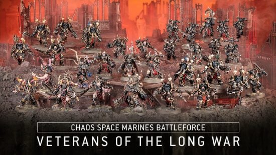 Warhammer 40k Chaos Space Marines Lord models, battleforce, and codex reveal at Adepticon 2024 - Games Workshop image showing the new Veterans of the Long War battleforce