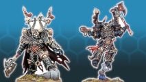 Warhammer 40k Chaos Space Marines Lord models, battleforce, and codex reveal at Adepticon 2024 - Games Workshop images of the new Chaos Lord models on a blue hex pattern background
