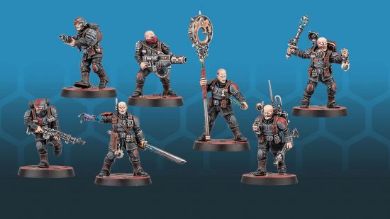 Warhammer 40k Kill Team Termination Genestealer Cults brood brothers - humanoid hybrids with ridged foreheads in military uniform, led by a sergeant holding a sword with a single mutated claw arm