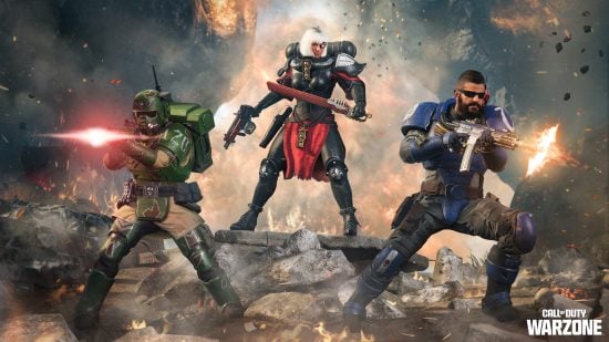 Warhammer 40k Call of Duty Operator skins - from left to right a Cadian Astra Militarum soldier in tan fatigues with green armor plates; a Sister of Battle with white bob haircut wearing black power armor; and a Space Marine scout in Blue ultramarines armor, wearing shades