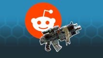 Warhammer 40k reddit subscriber war - the reddit logo, a smiling ovoid face with an antenna superimposed on an orange circle, and a Warhammer 40k boltgun, a large blocky gun with a scope and a scrap of parchment draped over it