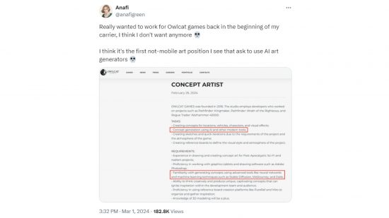A screenshot of a tweet complaining about Owcat's job posting for a concept artist, which mentions AI art
