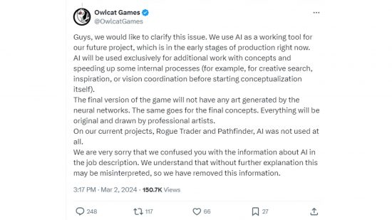 Owlcat's statement in defence of its limited use of AI art.