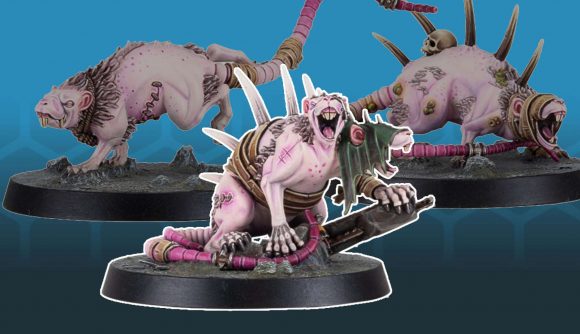 New Necromunda Wasteland Giant Rats are as close to Warhammer 40k Skaven as we have - gnarly mutant rats with pink bodies, no hair, spikes, and tatters of cloth and rope wrapped around their bodies