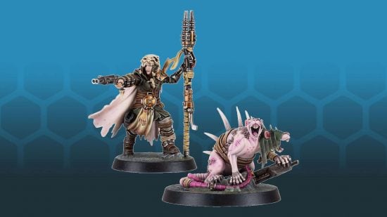 A Necromunda Beastmaster, wearing tattered robes and holding a staff and gun, stands beside a mutant, two headed rat, the closest thing to Warhammer 40k Skaven we currently have