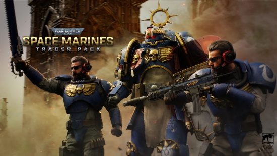 Warhammer 40k Space Marine outfits in Call of Duty; two operators dressed as blue-armored Space Marine Scouts, and a full fledged Space marine in gold-trimmed power armor