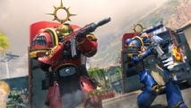 Warhammer 40k Space Marine outfits in Call of Duty: operators in oversized red and blue power armor, holding comically small conventional fierarms