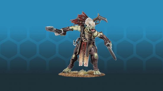 Warhammer 40k T'au Empire Codex - a Kroot Flesh-Shaper, a beaked humanoid with quills instead of hair, dressed in leathers and holding several blades