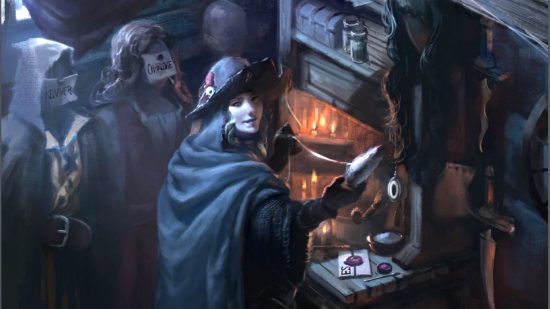 WFRP art showing a sinister woman at a candlelit desk with labelled manikins.