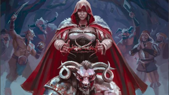 WFRP artwork showing a woman in a red cloak placing a crown on a beastman's head.