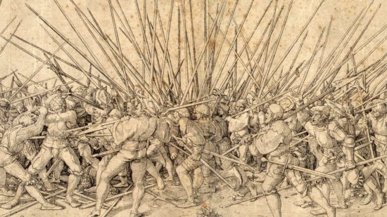 Line drawing illustration of a battle between Landsknecht era pikemen by Hans Holbein the Younger, part of the inspiration for the Warhammer LARP clothing line